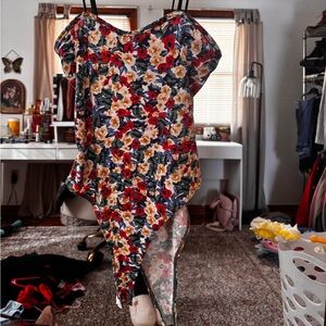 SHEIN Asymmetrical Floral Bodysuit - Red, Blue, Cream